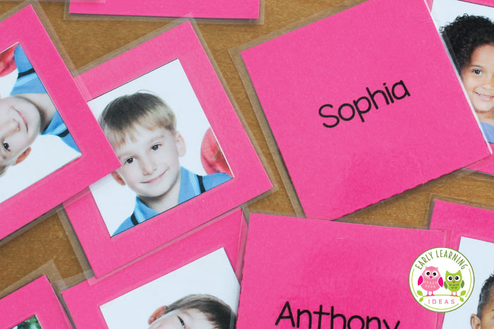 Your kids will love this free printable name activity. Make a name matching set and kids can match pictures with written names. Perfect activity idea for back to school or the beginning of the school year....it helps with learning the names of friends along with spelling, beginning sounds, letter and name recognition. You students will love these activities during the first week and throughout the year in your early childhood literacy centers and writing centers. #preschool #nameactivities