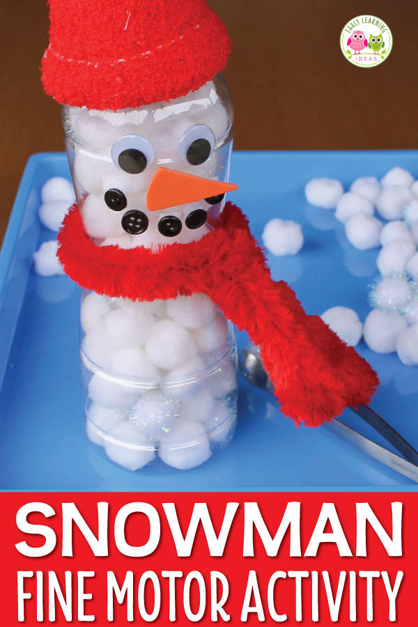 Are you looking for winter theme activity ideas for your kids? This fun snowman fine motor activity fits the bill. The snowman is easy to craft from a plastic bottle. Kids enjoy filling the snowman with snow (pom-poms or cotton balls) and attaching eyes, nose, mouth (buttons), and accessories. Perfect for you winter theme lesson plans and snowman theme lesson plans in #preschool #prek, and kindergarten. , snowman craft, snowman activities, fill the snowman. #winteractivitiesforkids