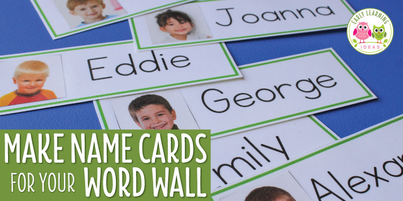Use this free template to make name cards for your preschool, pre-k, or kindergarten word wall. The free printables are great for your writing center, circle time activities, literacy centers. Great for name spelling, name recognition and name writing, and phonemic awareness activities when teaching in an early childhood classroom. Use the fun name cards in pocket charts, on bulletin boards too. Children will especially love that they can see their pictures and names on your word wall.