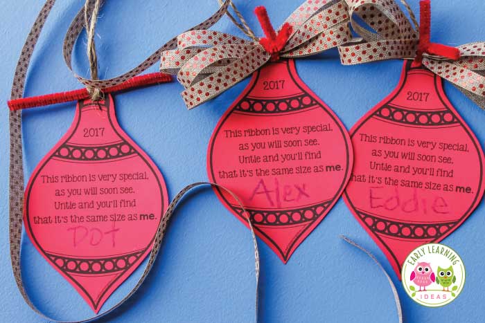 printable ornaments with ribbon as a preschool Christmas gift for parents