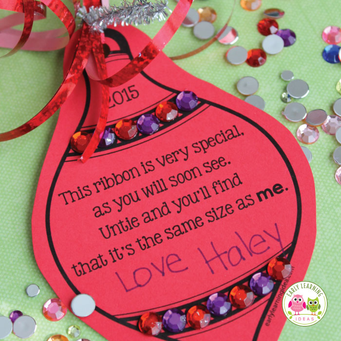 printable Christmas ornaments with ribbon as a preschool gift for parents with sequins