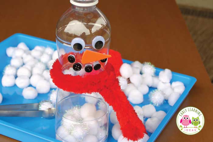 Are you looking for winter theme activity ideas for your kids? This fun snowman fine motor activity fits the bill. The snowman is easy to craft from a plastic bottle. Kids enjoy filling the snowman with snow (pom-poms or cotton balls) and attaching eyes, nose, mouth (buttons), and accessories. Perfect for you winter theme lesson plans and snowman theme lesson plans in #preschool #prek, and kindergarten. , snowman craft, snowman activities, fill the snowman. #winteractivitiesforkids