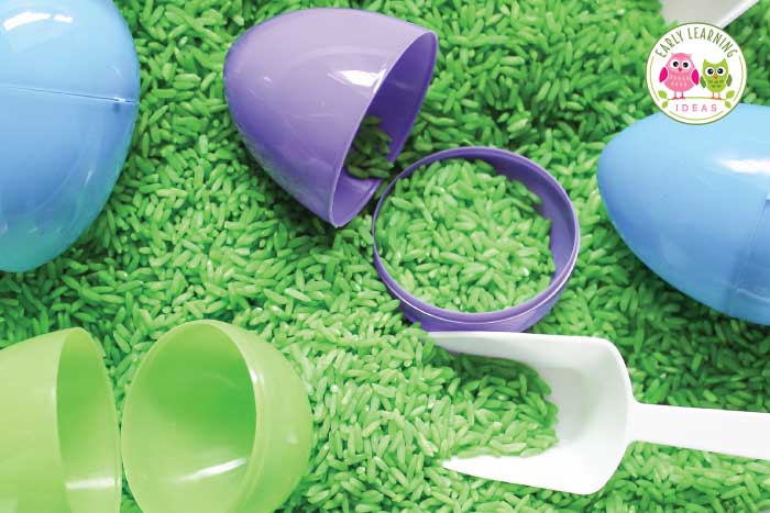 You can also add rice or beans to your sensory table with your plastic eggs.