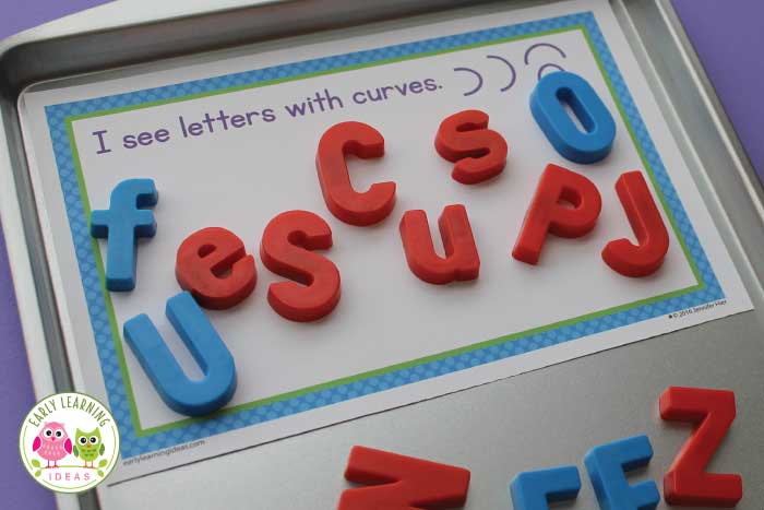 sorting mats for magnetic letters used on a cookie sheet for engaging letter recognition activities.