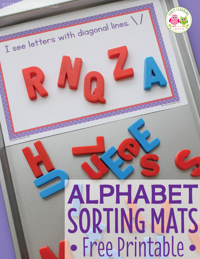 Download these free printable sorting mats and use them for magnetic letter activities in your preschool or pre-k classroom. They are great for kids learning letters. Kids learn to identify letters of the alphabet by sorting them magnetic letters shape and style. No need for worksheets to teach the alphabet...these are great hands-on early literacy activities for your literacy centers and writing centers. Get your free printables today. #preschool #alphabetactivities #prek