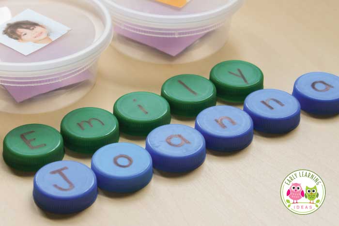 From trash to treasure.... Make name puzzles with plastic bottle caps and recycled containers. Use the free name activity when teaching young children to recognize their names and help them with spelling their name. Use the puzzle idea for many different literacy activities. Ideas for use include a daily sign in procedure, CVC word activities or sight word activities for preschool, pre-k, and kindergarten. Use this fun name activity in your early childhood literacy centers. #NameActivities 