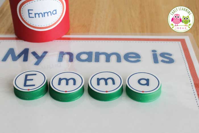 Plastic bottle caps for making a name puzzle.