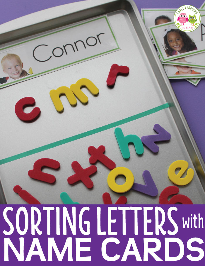 Check out this simple name activity for young children. Sorting letters with name cards is a great way to begin teaching children to recognize letters of the alphabet. See how I used this free printable name card templates, magnetic letters, and a cookie sheet to make this activity for your kids. Perfect for your preschool, pre-k, TK, kindergarten, RTI, and SPED classroom. This is an easy but fun activity to use in ELA centers, literacy centers, and literacy work stations. early literacy ideas