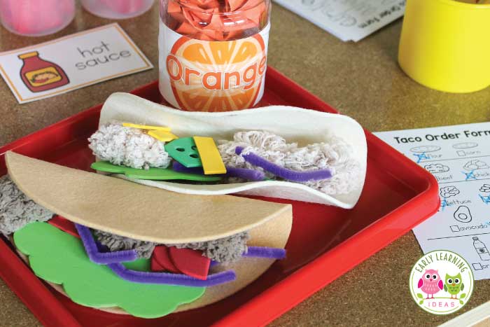 Check out all of these taco shop dramatic play ideas. Transform your dramatic play area into a taco restaurant or taco truck. This is perfect for your dramatic play center your preschool or pre-k classroom. You will have fun with these DIY ideas for making food, props, and decor and will be able to set up your taco restaurant in no time. There are plenty of developmentally appropriate (DAP), hands-on learning opportunities. You will love the literacy ideas! #preschool #prek #dramaticplay