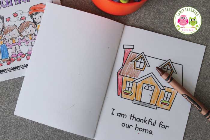 A page from the Thanksgiving book - It says "I am thankful for my home?"