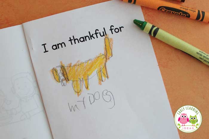 Kids can customize a page in the little Thanksgiving book.  This page says "I am thankful for...." and kids can draw a picture of something that they are thankful for, like a dog.