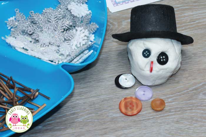 Have your kids make their own snowman face for your winter playdough activity.