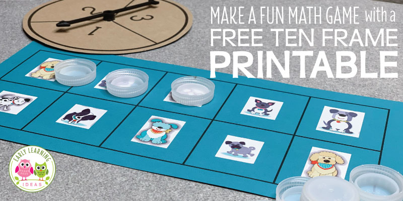 Math games for preschoolers are a great way to help with teaching numbers to early addition. Here is a simple ten frame game (with free printables) that kids love to play. The early childhood math games are perfect for your math center in preschool, pre-k, and kindergarten. Customize the game for any season spring, summer, fall or winter. The game pictured is frog themed, but it can be customized for any theme unit or lessons plans in your classroom (like an animal theme). #preschoolmath