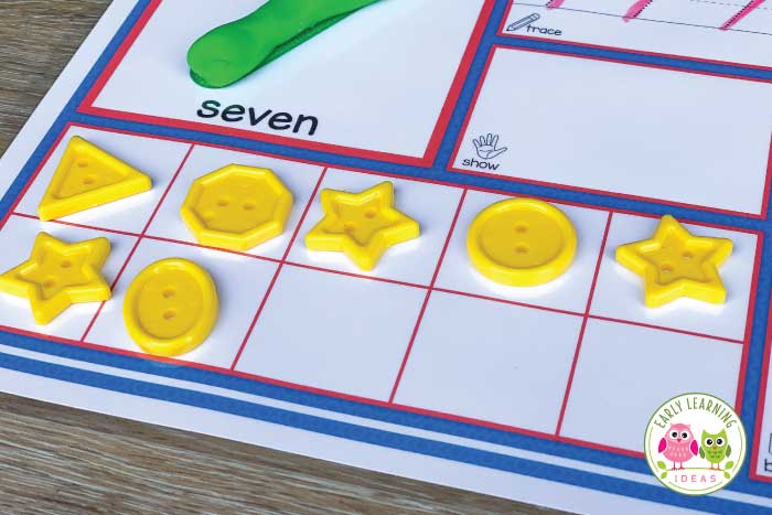 Use these 1-20 number activity mats to help your kids in preschool, pre-k and kindergarten learn counting, number recognition, one-to-one correspondence, and number sense.  The mats are a great multi-sensory tool that your kids will love. There are so many ways to explore numbers on just one page. Use playdough to form numerals, trace the dotted numbers, represent the number with finger-counting cards, ten frame, and build the number with counting cubes. #preschoolmath #prekmath #kindergarten