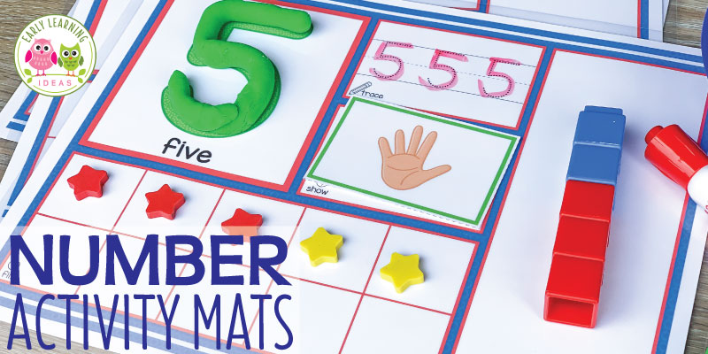 Use these 1-20 number activity mats to help your kids in preschool, pre-k and kindergarten learn counting, number recognition, one-to-one correspondence, and number sense.  The mats are a great multi-sensory tool that your kids will love. There are so many ways to explore numbers on just one page. Use playdough to form numerals, trace the dotted numbers, represent the number with finger-counting cards, ten frame, and build the number with counting cubes. #preschoolmath #prekmath #kindergarten