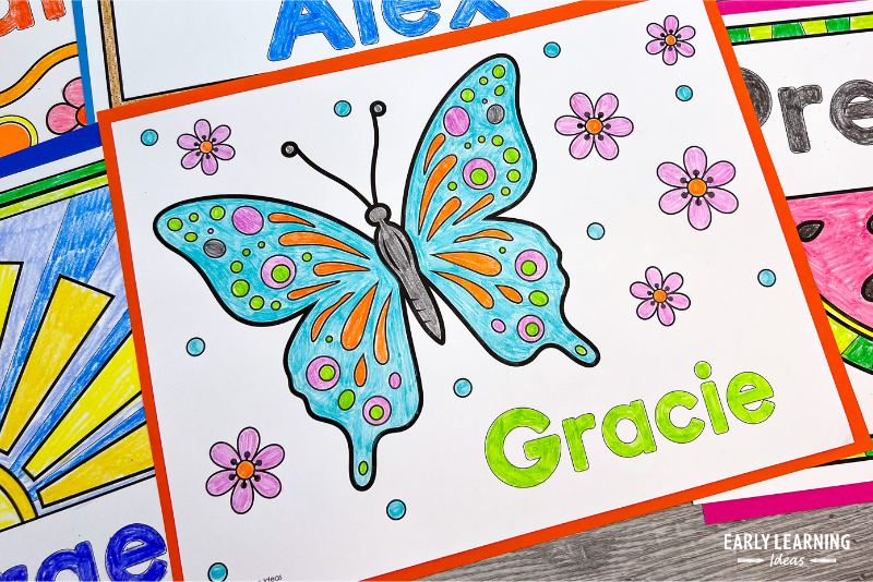 butterfly color sheet that has been customized with the name "Gracie" on it.