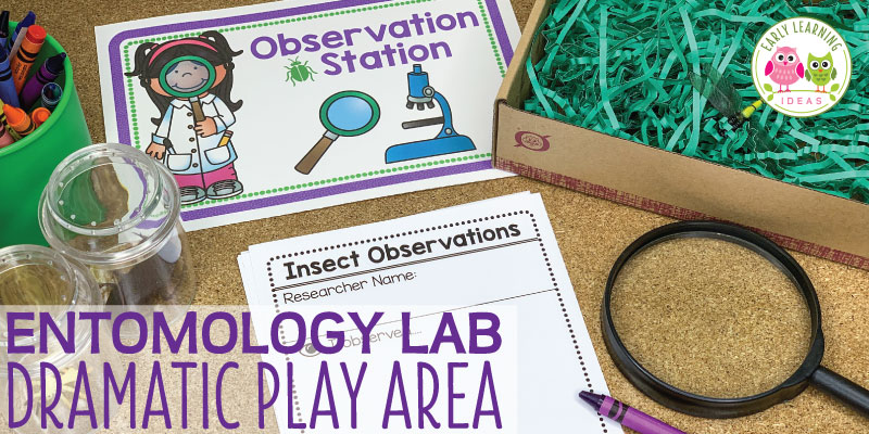 Find ideas to create an entomology lab dramatic play area set up. Your kids will love playing and learning in an insect research lab dramatic play center. Perfect for your insects and bugs theme, spring theme, summer theme, or outdoor themes in your preschool or pre-k classroom. Many ideas for fun, hands-on learning activities and printables are included...perfect for early childhood play-based learning. Math, science, literacy, STEM, and STEAM in one play center. #dramaticplay #preschool