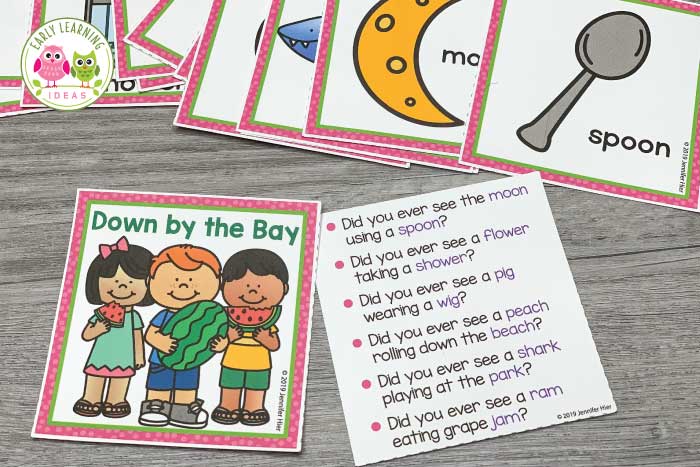 Use these free rhyming picture cards with the Down By The Bay song. Kids love matching the rhymes on the cards and using them to extend the classic song during circle time. Use with the song, book, or use them for matching activities....a fun way for teaching rhymes. The free printables are perfect for your preschool, SPED, pre-k, or kindergarten classroom....a silly way to introduce the early literacy concept of rhyming to young kids. #rhymingactivities #preschool 