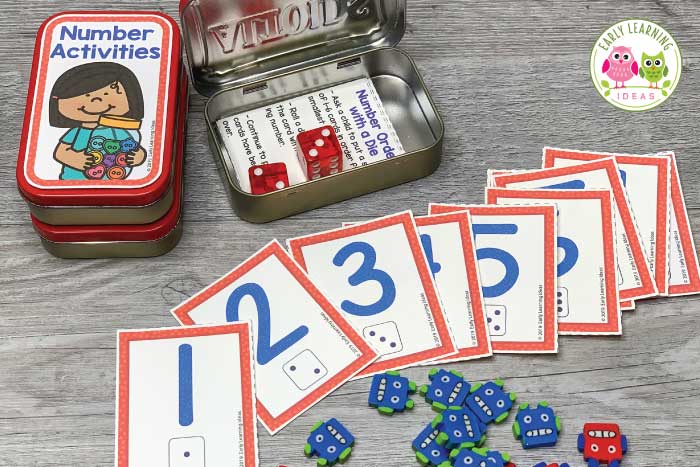 Add these free printable 1-12 number cards, counters, & dice to an empty mint tin or soap container to create fun math activities for your classroom. Perfect for preschool or pre-k, you can use the printables with your kids for a variety of math learning & counting activities. Ideas for learning games and activities are included. Use for your math centers and stations, as a take-home activity, as a screen-free activity at restaurants, or as a student gift. #preschoolmath #counting