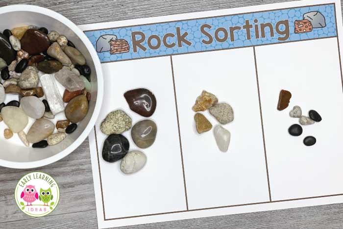 Create a geology lab dramatic play center in your preschool, prek, or kindergarten classroom. Combine science, math, and literacy in a developmentally appropriate way with these fun play-based ideas. Kids love the pretend play....they won't even that they are learning. Sensory play, and fine motor skills activity ideas are included. This is a perfect addition to your rocks theme. Use the printables in your dramatic play area or in your science learning center. #dramaticplay #preschoolscience