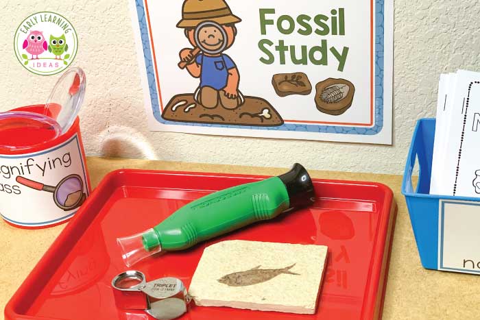 Create a geology lab dramatic play center in your preschool, prek, or kindergarten classroom. Combine science, math, and literacy in a developmentally appropriate way with these fun play-based ideas. Kids love the pretend play....they won't even that they are learning. Sensory play, and fine motor skills activity ideas are included. This is a perfect addition to your rocks theme. Use the printables in your dramatic play area or in your science learning center. #dramaticplay #preschoolscience