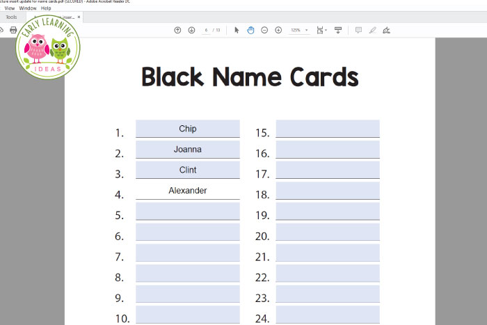 Adding names to your blank name cards for your word wall. 
