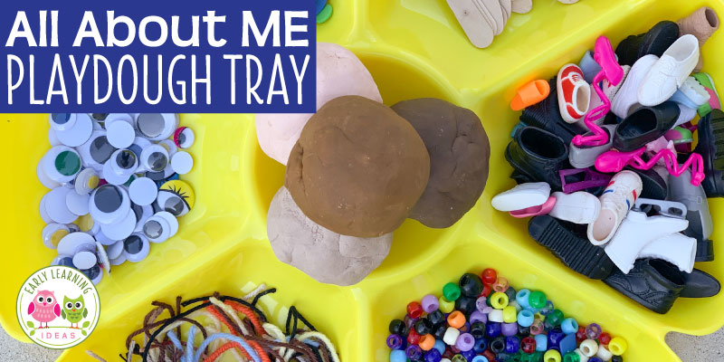 This fun playdough tray is perfect for your all about me theme. Use these ideas during the first week of school or any time of year. Your #preschool #prek or #kindergarten kids will love this fine motor activity. They can make 3D portraits. Kids can make faces, bodies, or can just have fun, open-ended creations with their #playdough