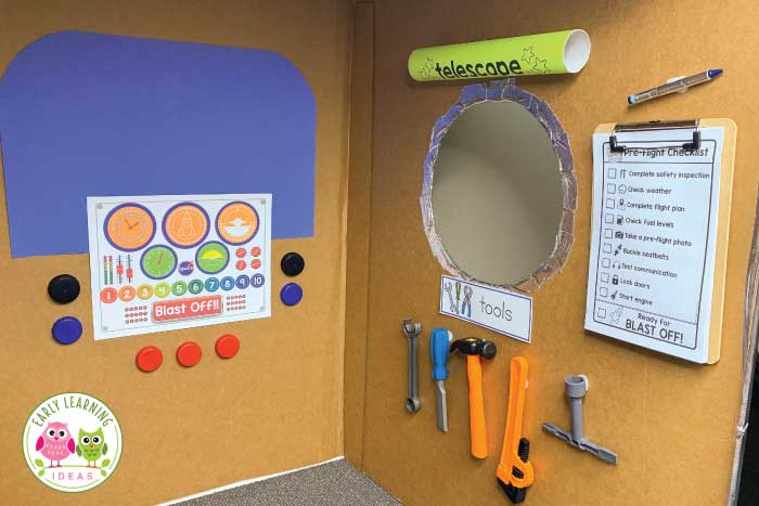 Find lots of ideas to create a DIY space dramatic play area. Your kids will have fun as they learn about space and pretend. Perfect for your preschool, prek or kindergarten classroom to incorporate science, math, and literacy learning in a fun play-based way. Printables will help you create control panels for a space station, rocket, or mission control in no time. Create a night sky and observatory and an astronaut training area. Set up a space station today. #preschoolscience #dramaticplay