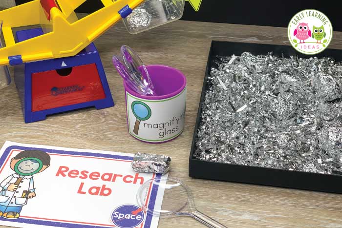 Add supplies for your research lab as part of your space dramatic play area.