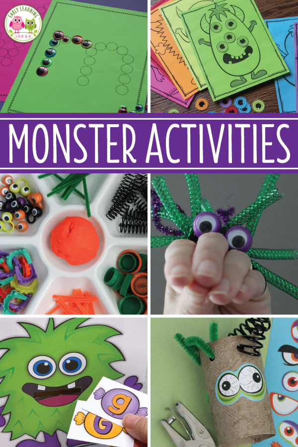 Check out all of these monster ideas for your kids. Here are fun learning activities that you can add to your monster theme, Halloween theme, or October theme unit and lesson plans. From process art and letter activities to math game printables and fine motor craft activities, your kids love these learning centers. Perfect for #preschool & #prek. Get out the play dough and the googly eyes for some monster fun. #monsteractivities #halloweenactivities #finemotoractivities #halloweenmath