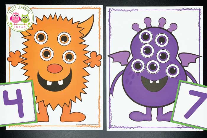 monster math number comparison activity.  The printables are comparing the numbers 4 and 7