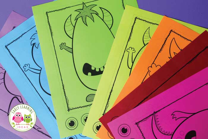 monster math activities printed on colorful paper.