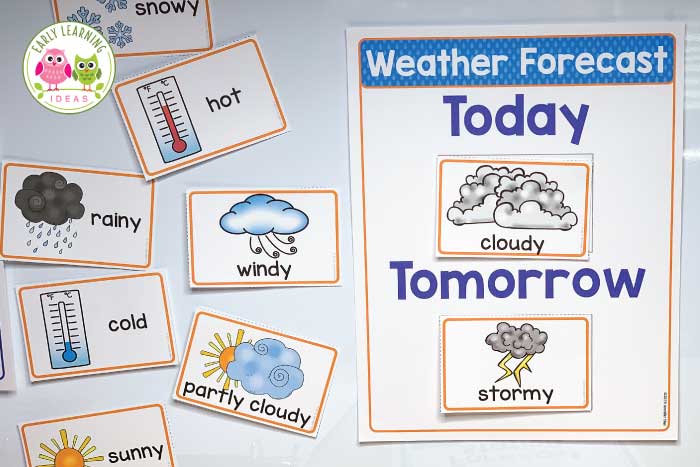 Your kids will have fun learning about the weather when you set up a weather station dramatic play area. Encourage pretend play, math, science, and literacy learning with these ideas and printables. Perfect for a weather theme unit or lesson plans in your #preschool #prek or #kindergarten classroom. Spring, summer, fall & winter ..... use all year (in the science center and at circle time too). Click to get ideas for DIY, props, set up, and experiment ideas. #dramaticplay #learnthroughplay