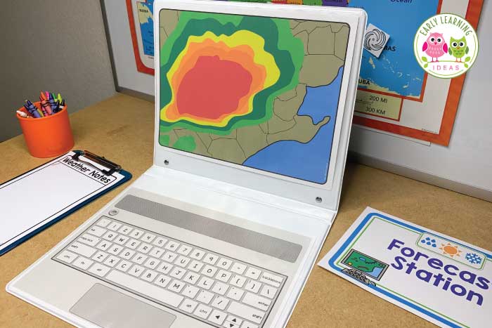 Your kids will have fun learning about the weather when you set up a weather station dramatic play area. Encourage pretend play, math, science, and literacy learning with these ideas and printables. Perfect for a weather theme unit or lesson plans in your #preschool #prek or #kindergarten classroom. Spring, summer, fall & winter ..... use all year (in the science center and at circle time too). Click to get ideas for DIY, props, set up, and experiment ideas. #dramaticplay #learnthroughplay