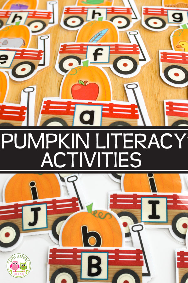 Your kids will love these hands-on pumpkin alphabet activities and beginning sound activities. Teach letter recognition and letter sounds with this fun resource. Perfect for your pumpkin theme, fall theme, or Halloween theme uint or lesson plans in your #preschool or #prek classroom. 🎃 The printables are great for your literacy centers #pumpkintheme #halloweentheme
