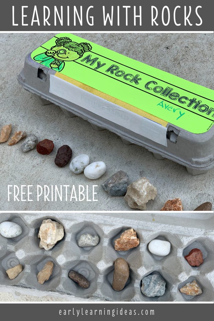 Use this free printable to create a rock collection container from a simple egg carton and get ideas for over 20 fun learning activities with rocks. Here are some fun learning activities for your preschool, pre-k, kindergarten, or for at home learning. Teach kids about the science of rocks and minerals while using this rock collection for cheap, easy, and fun math, measurement, and sorting activities.