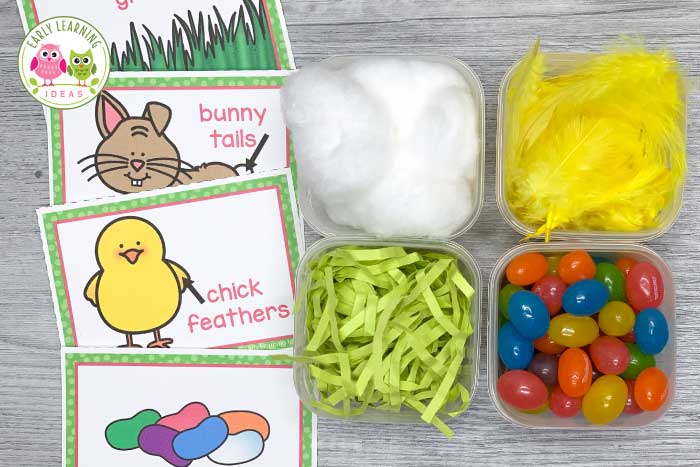 Use fun objects such as jellybeans, feathers, and cotton balls for your spring themed weight station.