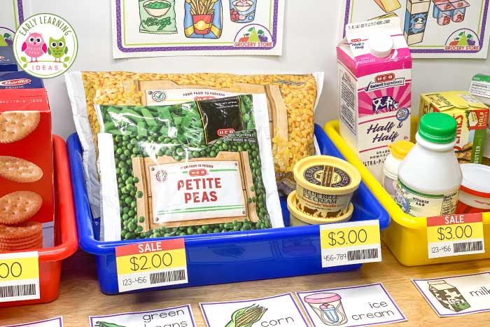 Find tips & ideas to set up a fun grocery store dramatic play area in your preschool classroom or at home. Get directions for food, props to add to your center (free, inexpensive and DIY ideas are included). Find examples of printables and ideas to add literacy elements and math elements to promote play-based learning. Perfect for a grocery store, farmers market, supermarket that your kids will love.