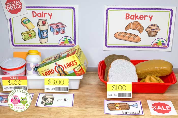 Find tips & ideas to set up a fun grocery store dramatic play area in your preschool classroom or at home. Get directions for food, props to add to your center (free, inexpensive and DIY ideas are included). Find examples of printables and ideas to add literacy elements and math elements to promote play-based learning. Perfect for a grocery store, farmers market, supermarket that your kids will love.