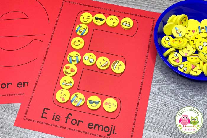 Use emoji erasers and letter collage sheets for a letter E activity.