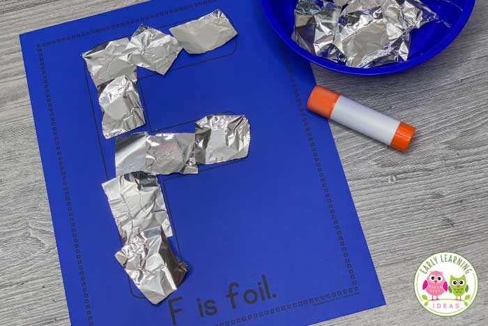 Alphabet activities with letter collage sheets.  Use foil for a letter F activity.