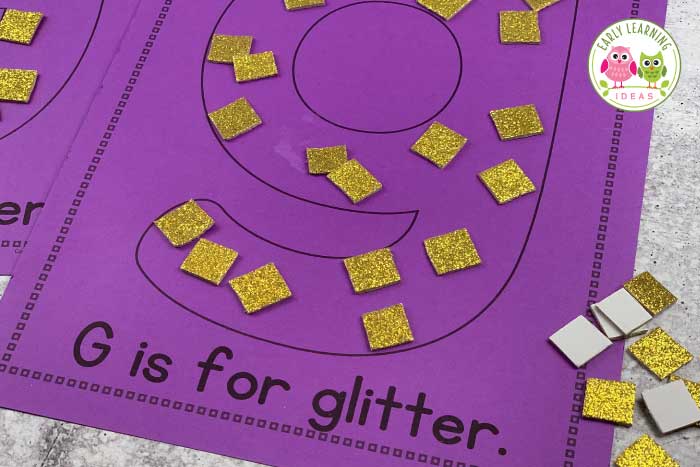 letter g alphabet activities with collage sheets and glitter foam.