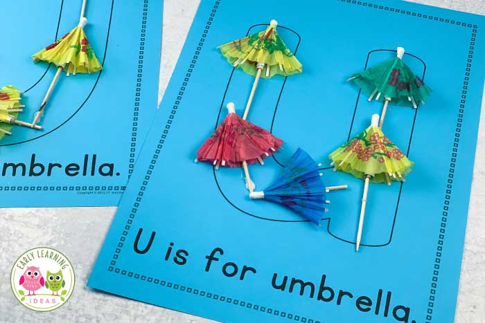 alphabet activity ideas for the letter u with a letter printable and mini umbrellas