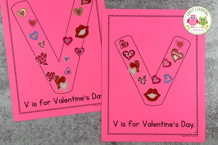 Alphabet activity ideas for the letter V.  Use Valentine's Day stickers on a letter V alphabet page.