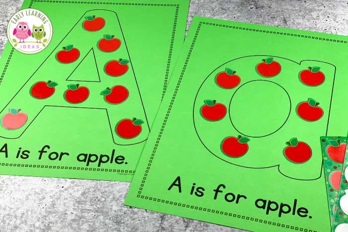 letter activities with alphabet collage sheets and apple stickers
