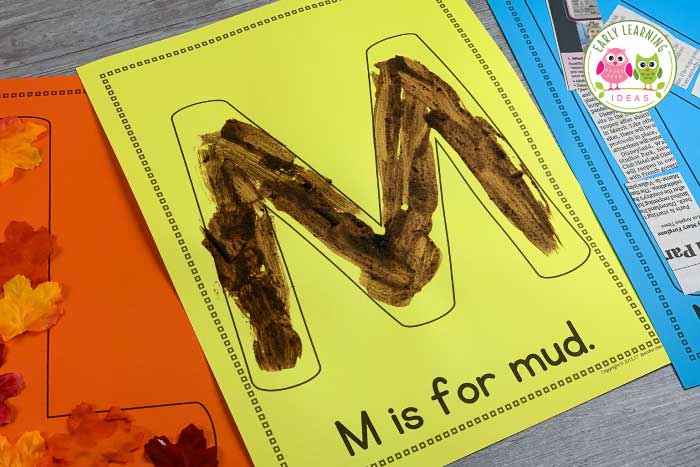 alphabet activity for the letter m.  Use mud paint on a letter m printable.