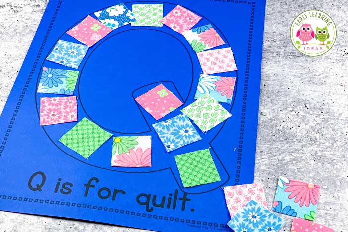 Make a simple letter q activity for preschoolers with this alphabet printable and squares of fabric.