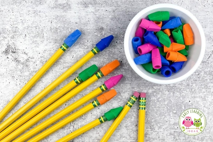 Fine motor activities from home:  Pencils and erasers.