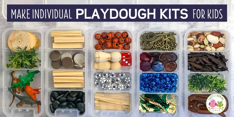 examples of playdough kits with dinosaurs, leaves, beads, etc.