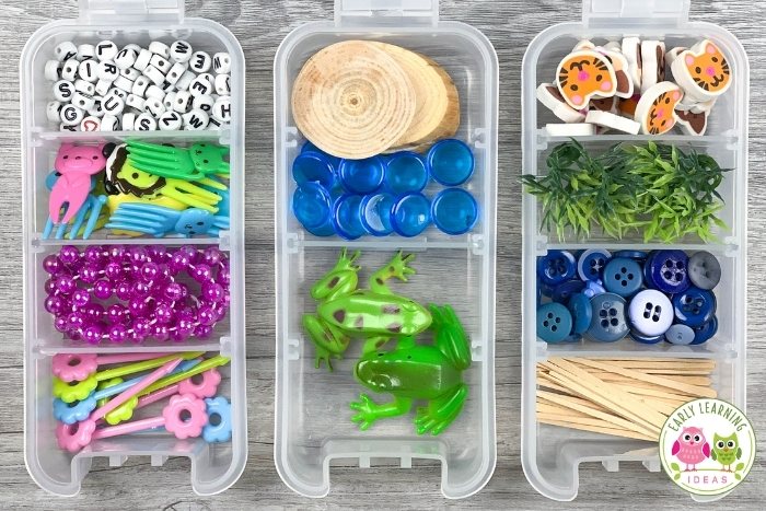 playdough kits with alphabet letters, food picks, frog, mini-erasers, etc.